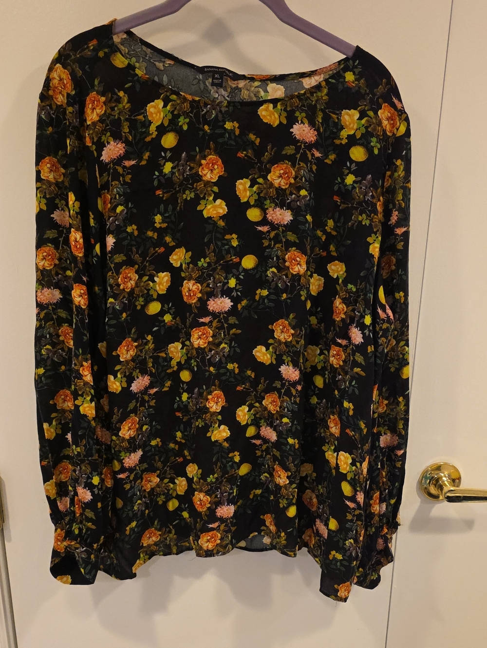 Banana Republic Black Long-Sleeve Floral Top with Yellow and Pink Print